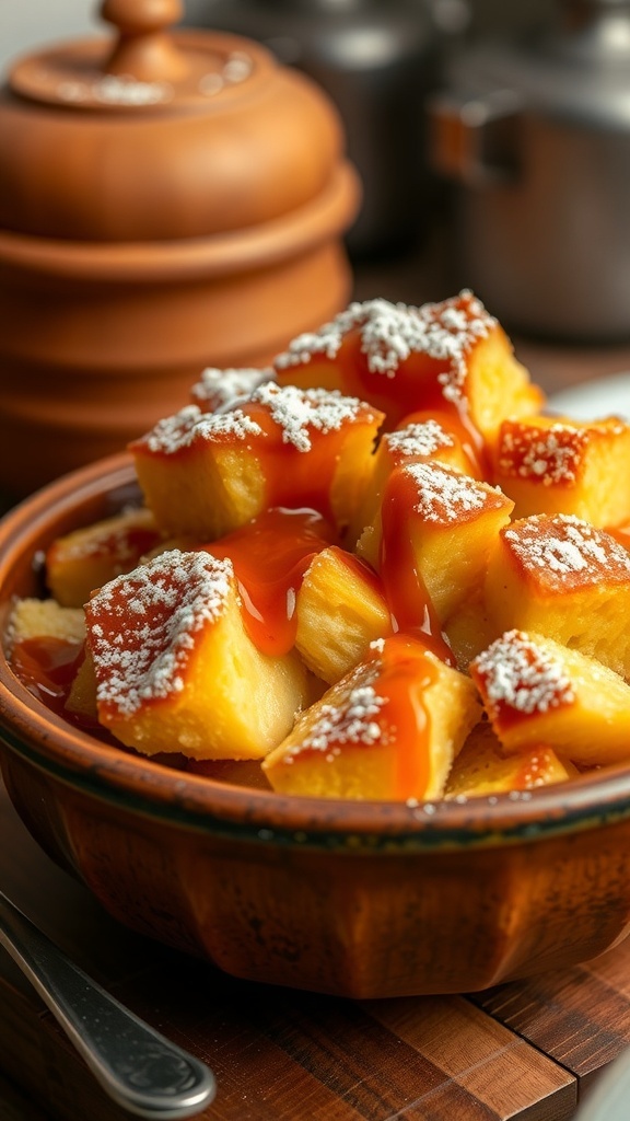 Classic Bread Pudding Recipe A bowl of golden brown bread pudding with powdered sugar and caramel sauce, set in a cozy kitchen.